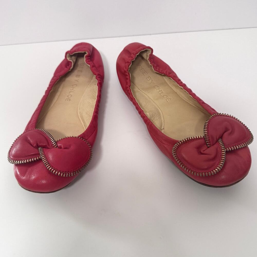 See By Chloe Womens Clara Ballet Flat Size 39 / 9 Zipper Bow Leather Bold Red